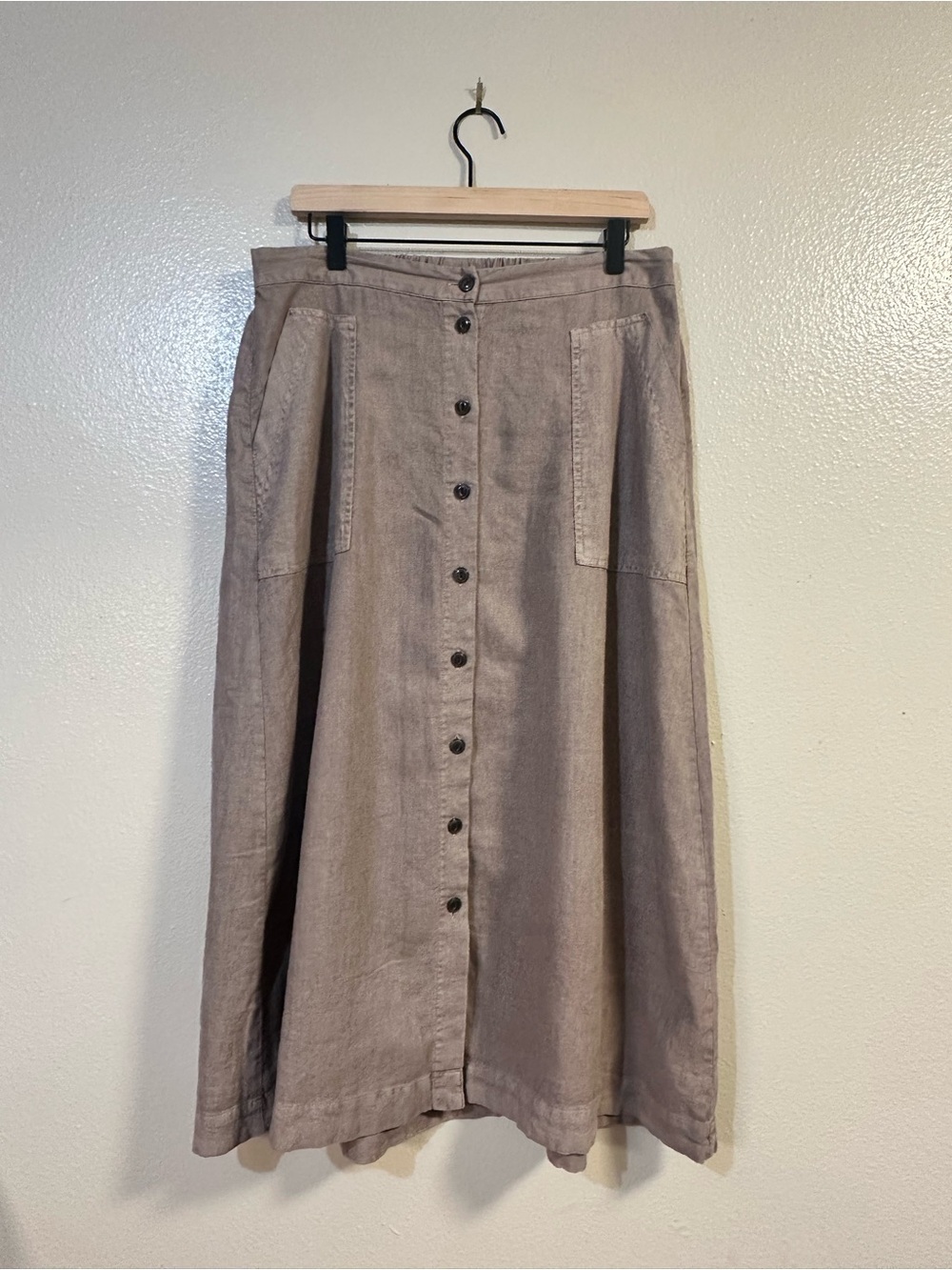 Universal Thread Button-Front Midi Skirt in Taupe